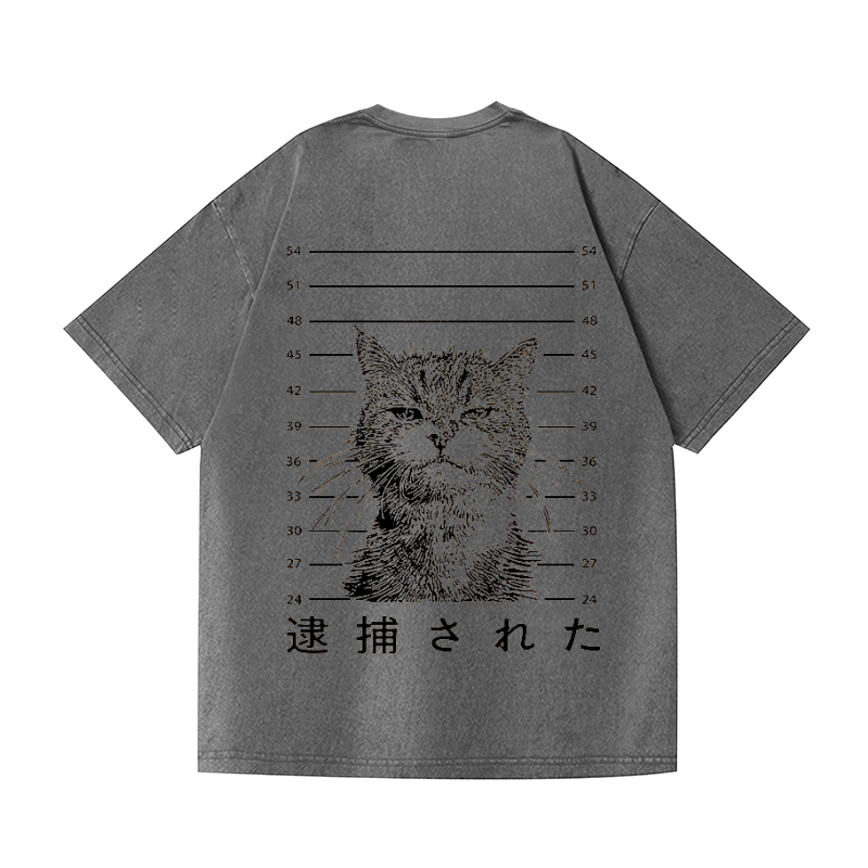 Cat Vintage Wash Japanese Design Back Art T-Shirt