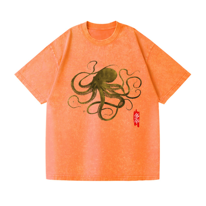 Octopus Calligraphy Vintage Wash Japanese Design T-Shirt