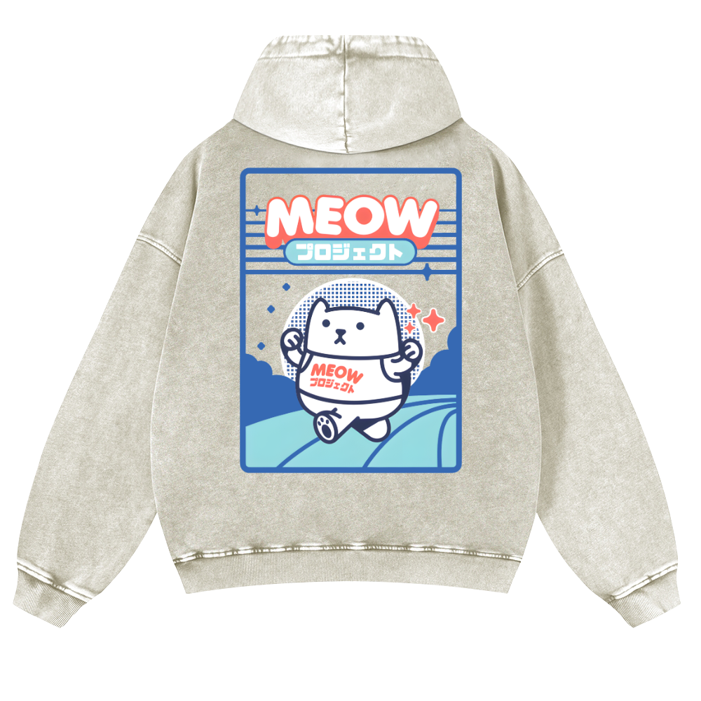 Meow Cat Vintage Washed Cotton Back Art Hoodie