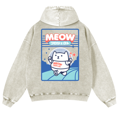 Meow Cat Vintage Washed Cotton Back Art Hoodie
