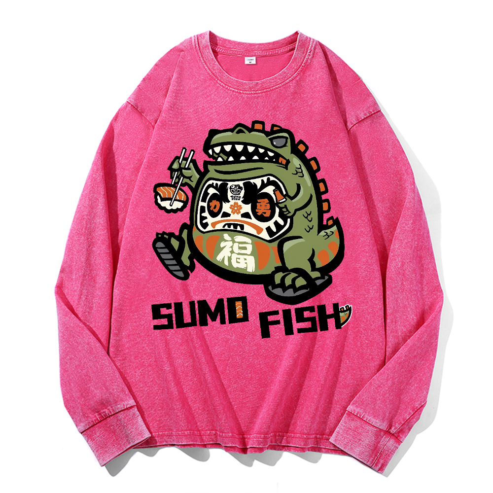 Sumo Fish Daruma Sushi Vintage Cotton Wash Crewneck Sweatshirt