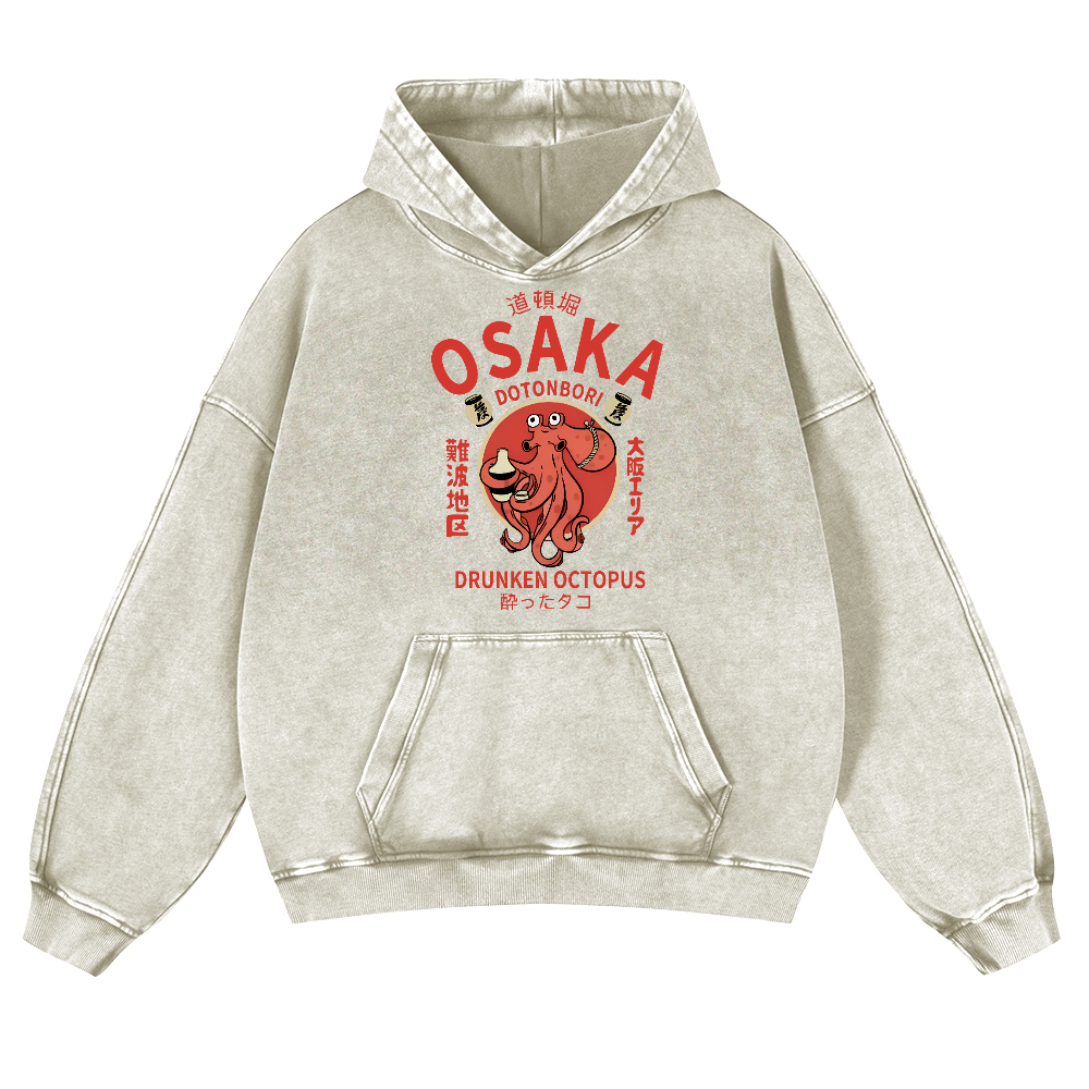 OSAKA Dotonbori Octopus Vintage Washed Thick Cotton Hoodie