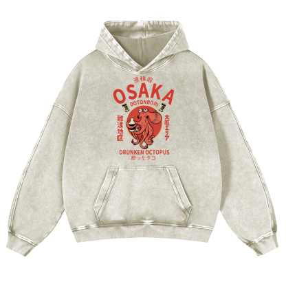 OSAKA Dotonbori Octopus Vintage Washed Thick Cotton Hoodie