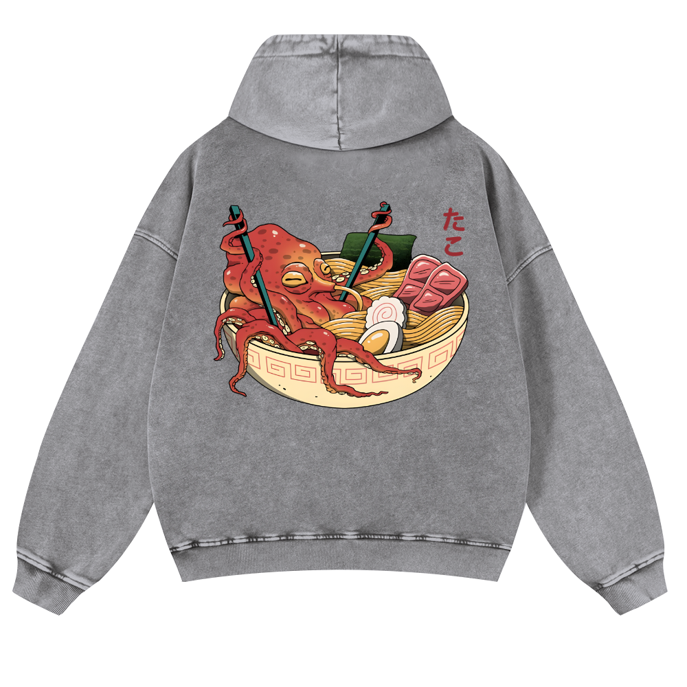 Ramen Octopus Vintage Washed Cotton Back Art Hoodie