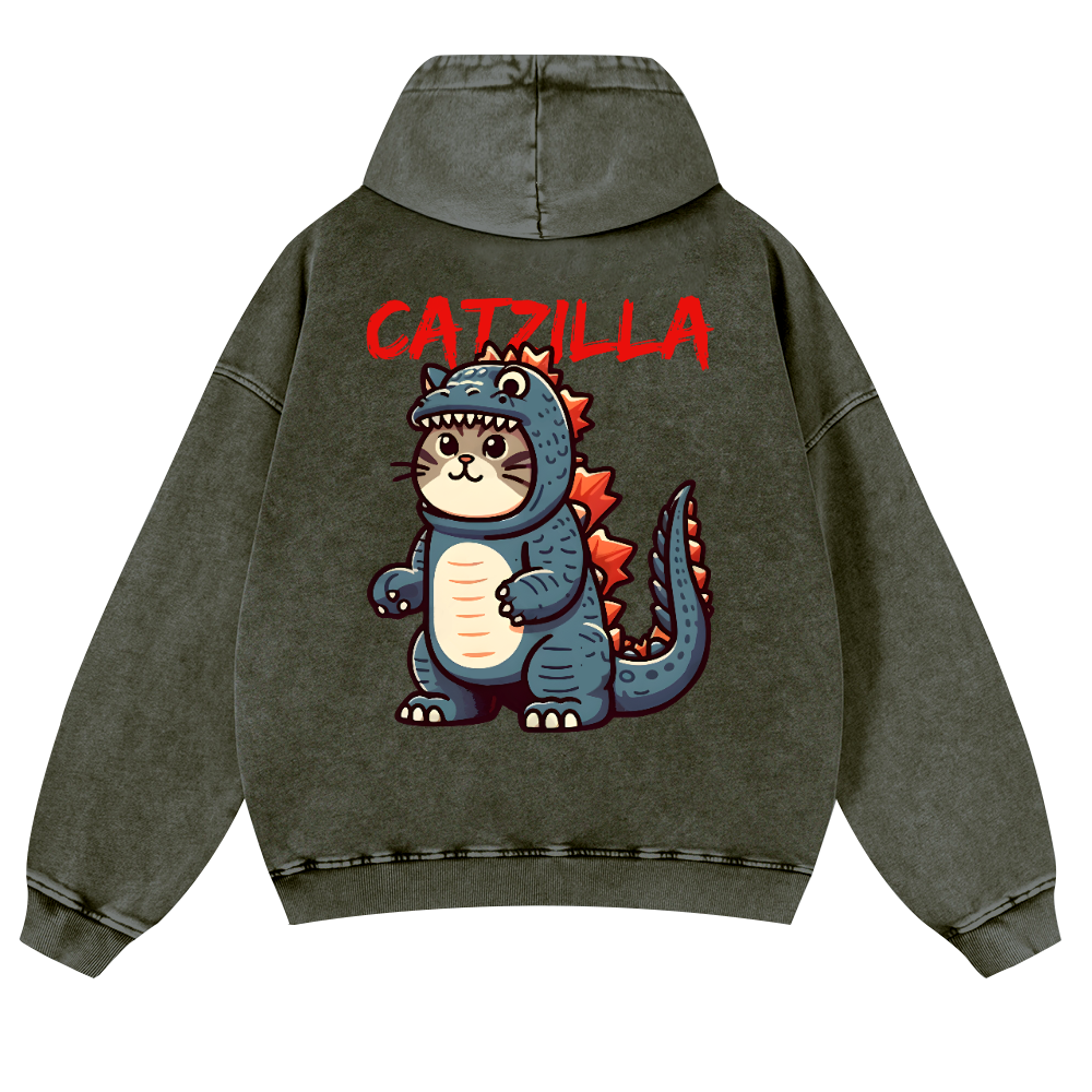 Cat Godzilla Catzilla Vintage Washed Cotton Back Art Hoodie