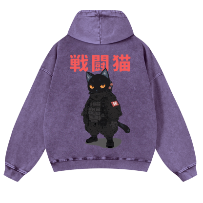 Battle Black Cat Vintage Washed Cotton Back Art Hoodie