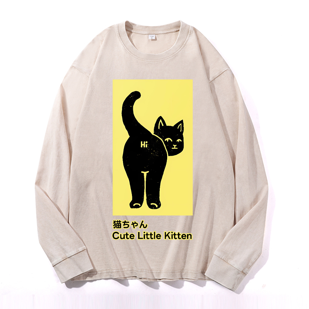 Cute Little Kitten Black Cat Vintage Cotton Wash Crewneck Sweatshirt
