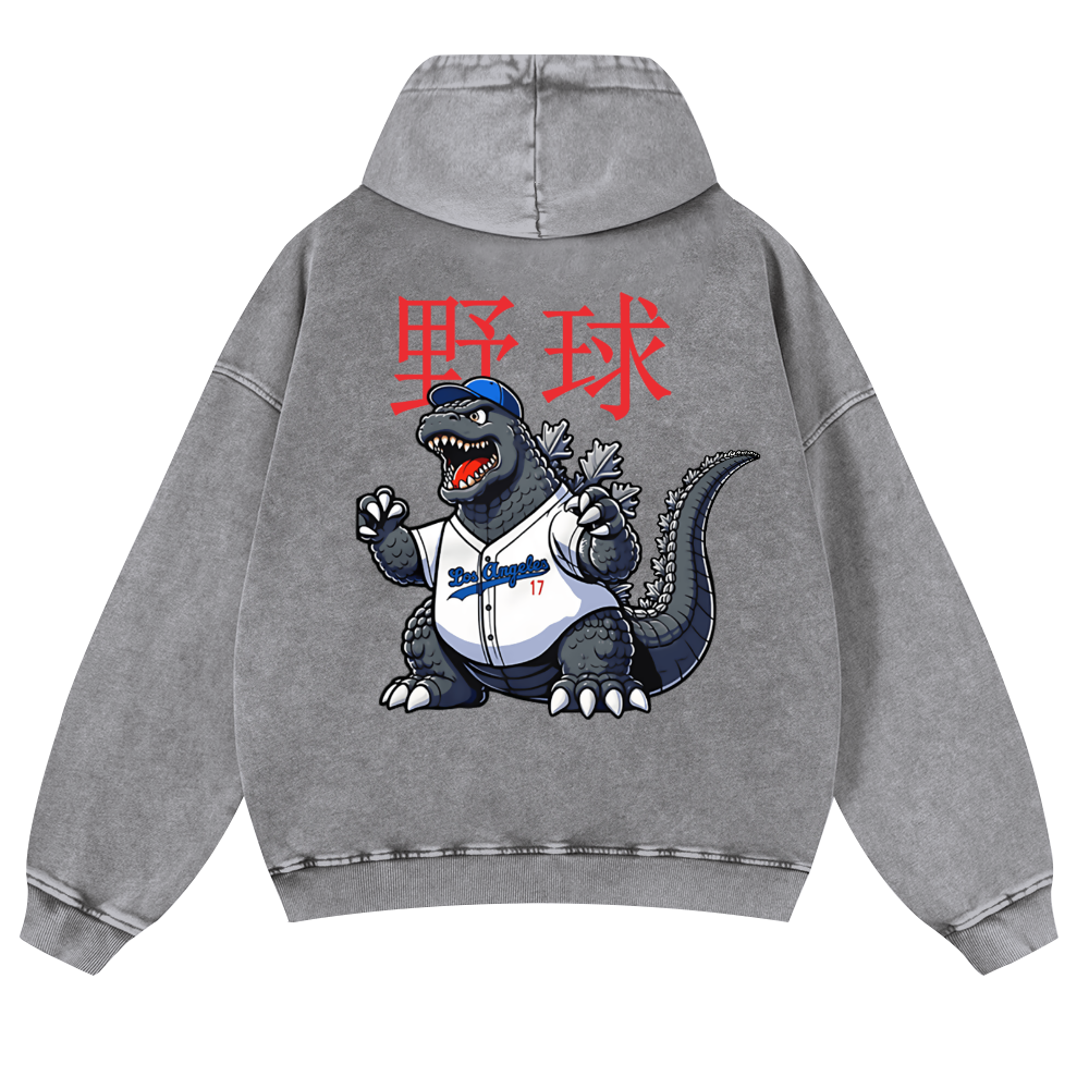 Godzilla Baseball Vintage Washed Cotton Back Art Hoodie