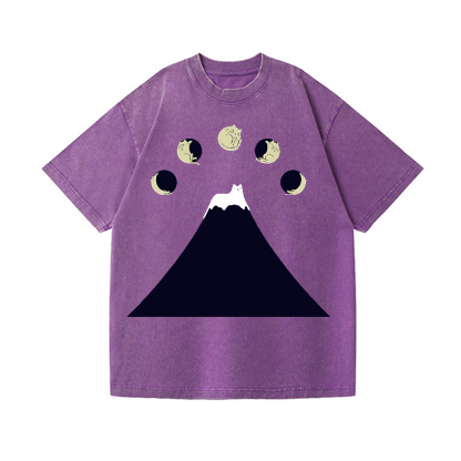 Mount FUJI Moon Cat Vintage Wash Japanese Design T-Shirt