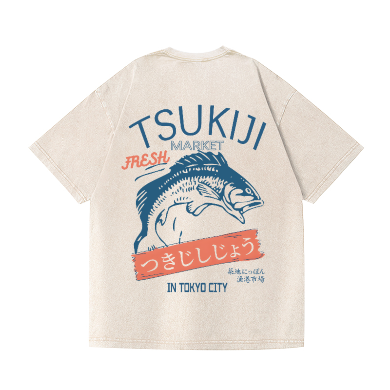 Tsukiji Market Vintage Wash Japanese Design Back Art T-Shirt