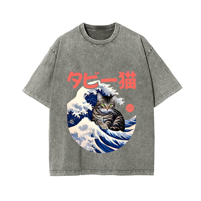 Cat Wave Vintage Wash Japanese Design T-Shirt