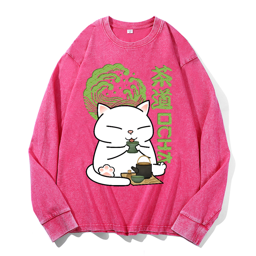Cat tea Vintage Cotton Wash Crewneck Sweatshirt