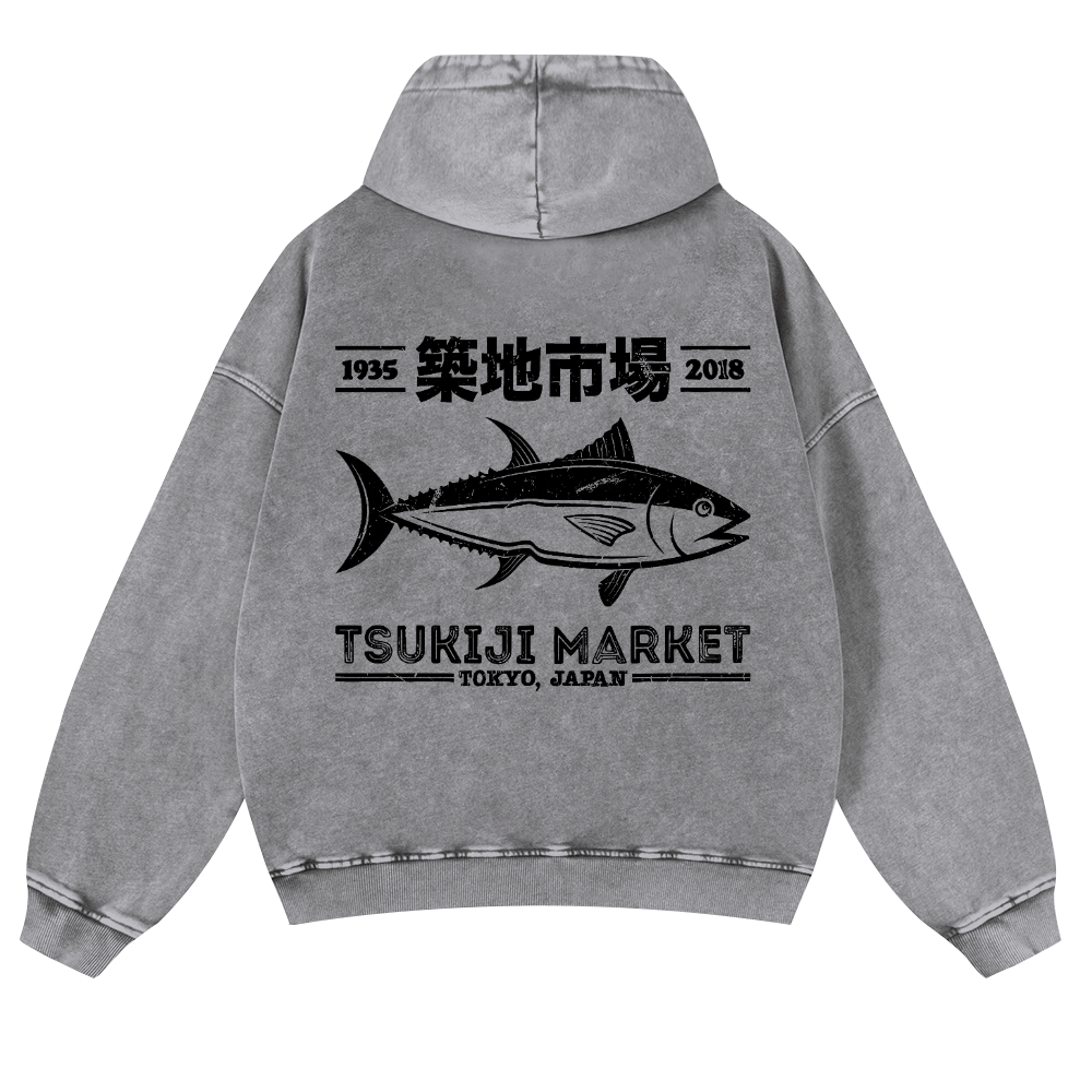 Tsukiji Market Tokyo Japan Fish Vintage Washed Cotton Back Art Hoodie