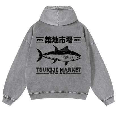 Tsukiji Market Tokyo Japan Fish Vintage Washed Cotton Back Art Hoodie