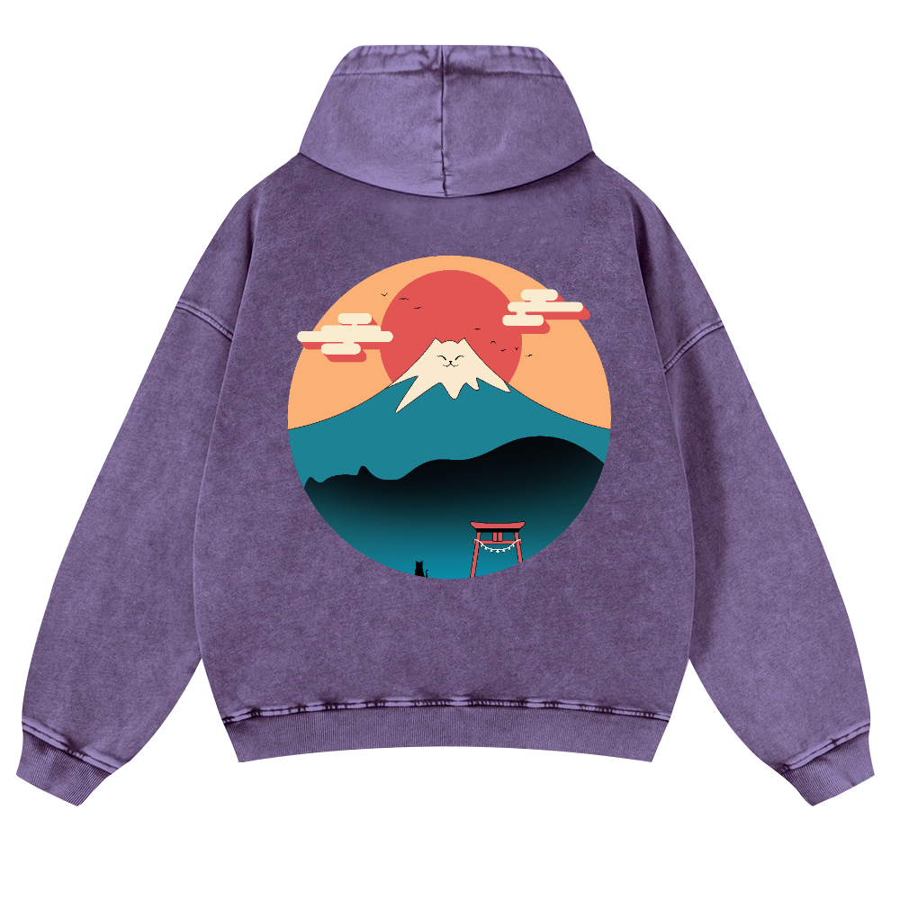 Cat Mount Fuji Vintage Washed Cotton Back Art Hoodie