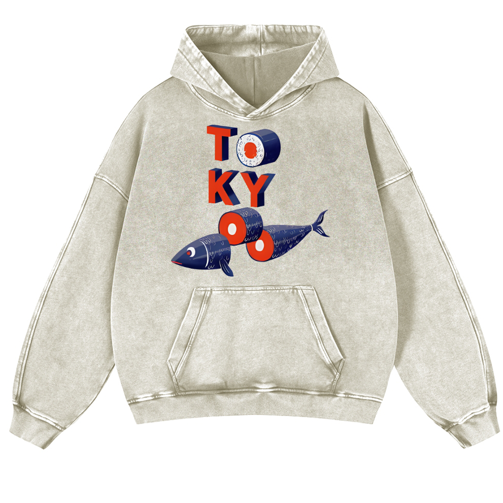 Tokyo Sushi Fish Vintage Washed Thick Cotton Hoodie