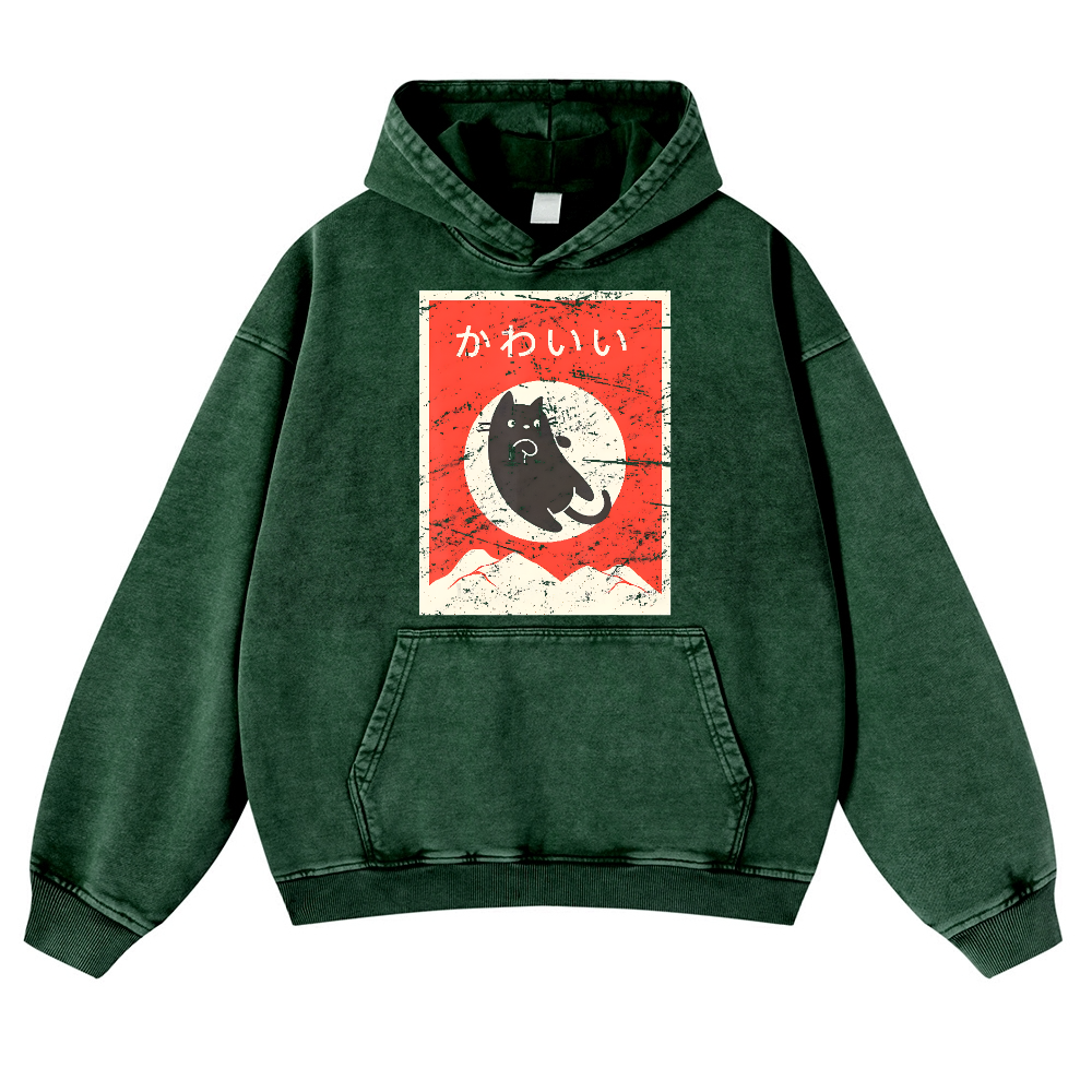 The Jumping Black Cat Vintage Washed Thick Cotton Hoodie