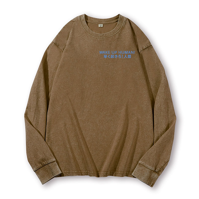 Wake Up Human Vintage Washed Cotton Back Art Long-sleeve T-shirt