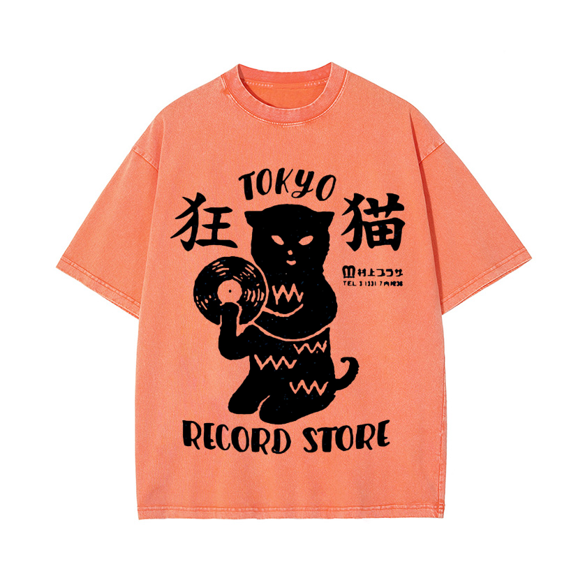Tokyo Cat Record Store Vintage Wash Japanese Design T-Shirt
