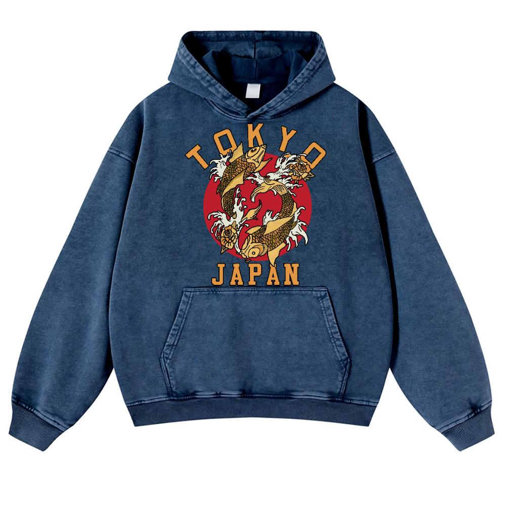 Tokyo Japan Fish Vintage Washed Thick Cotton Hoodie