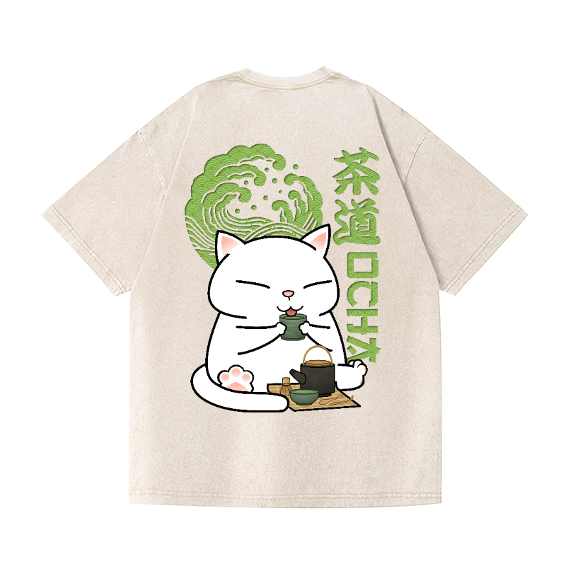 Tea Ceremony Cat Vintage Wash Japanese Design Back Art T-Shirt