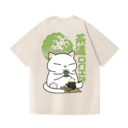 Tea Ceremony Cat Vintage Wash Japanese Design Back Art T-Shirt