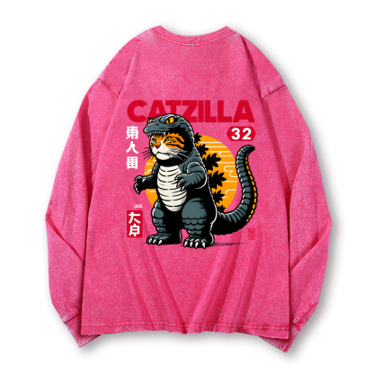 Cat Godzilla Catzilla Vintage Washed Cotton Back Art Long-sleeve T-shirt
