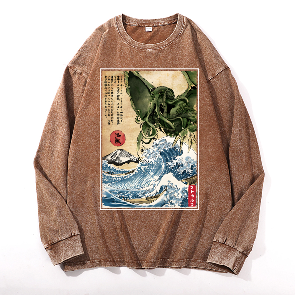 Octopus Ukiyoe Wave Vintage Cotton Wash Crewneck Sweatshirt