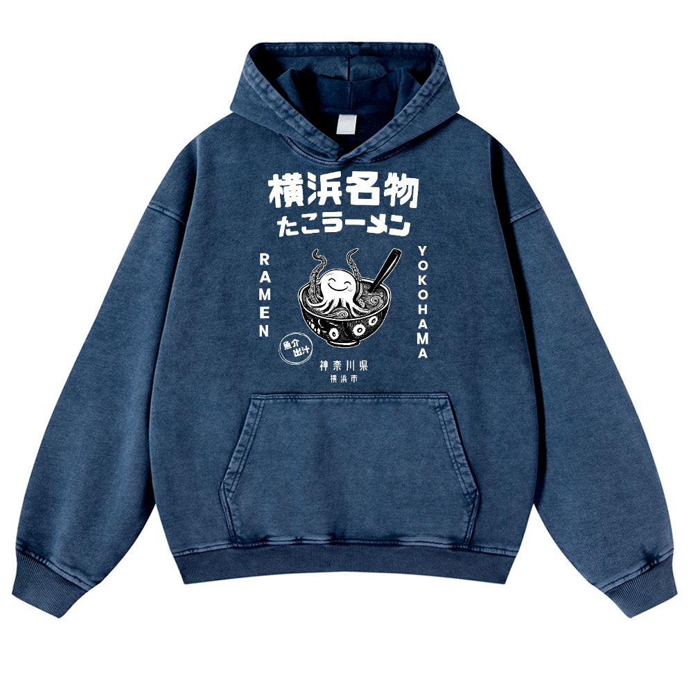 Yokohama Ramen Octopus Vintage Washed Thick Cotton Hoodie