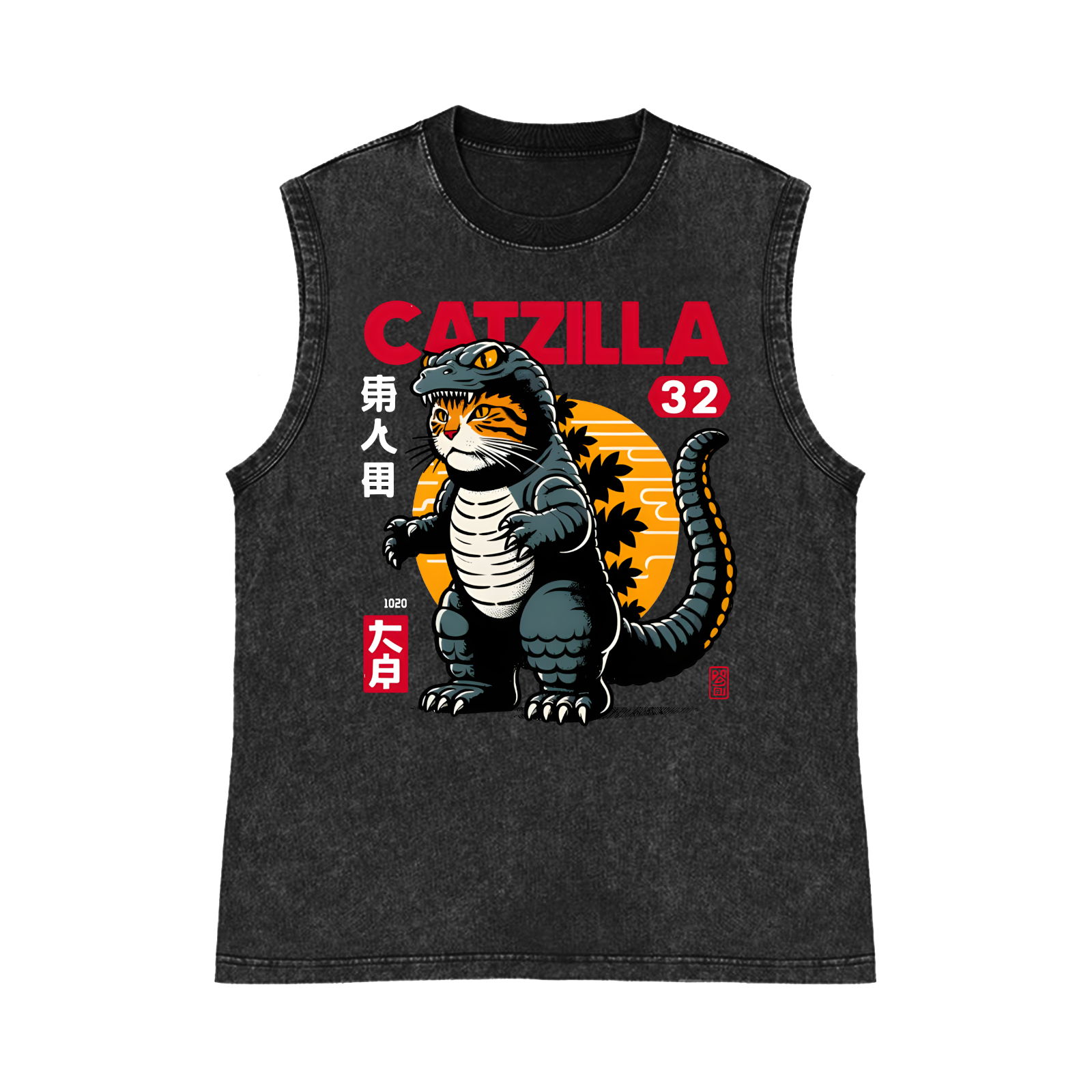 Catzilla Cat Godzilla Pure Cotton Wash-Dyed Sleeveless Tank Top