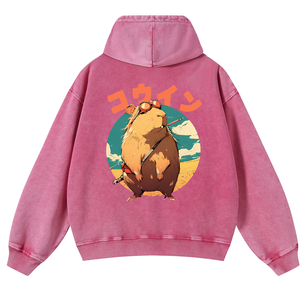 Capybara Vintage Washed Cotton Back Art Hoodie