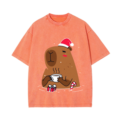 Capybara's Christmas Time Vintage Wash Japanese Design T-Shirt