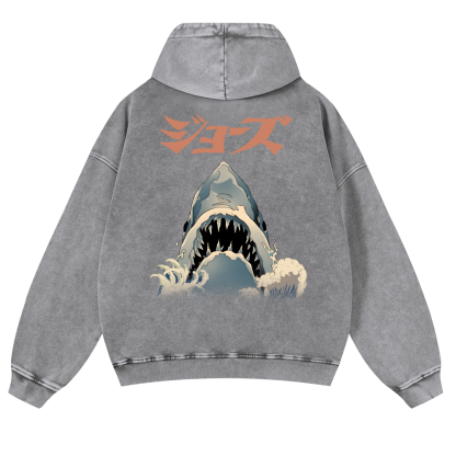 Shark Ukiyoe Vintage Washed Cotton Back Art Hoodie