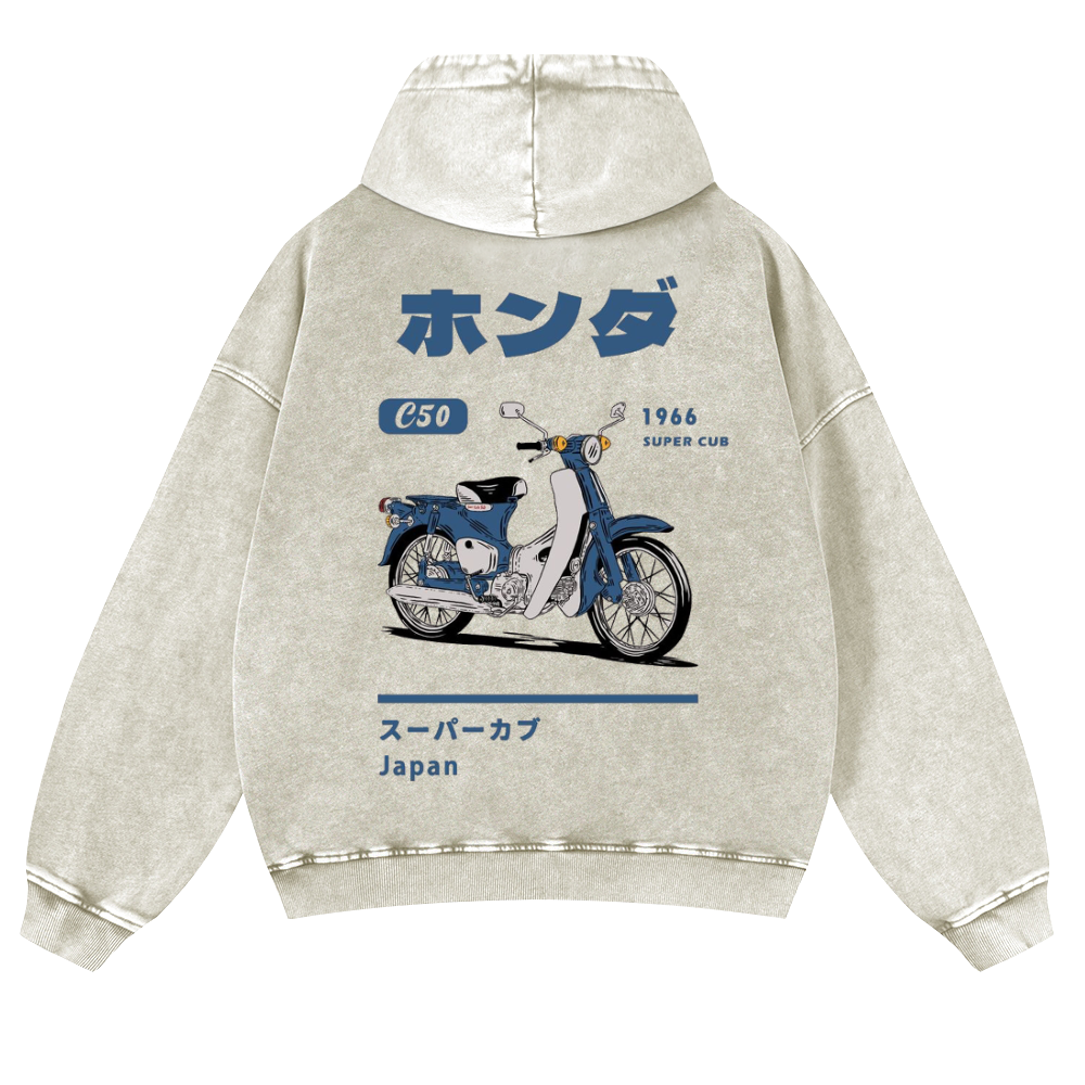 Honda C50 Super Cub Vintage Washed Cotton Back Art Hoodie