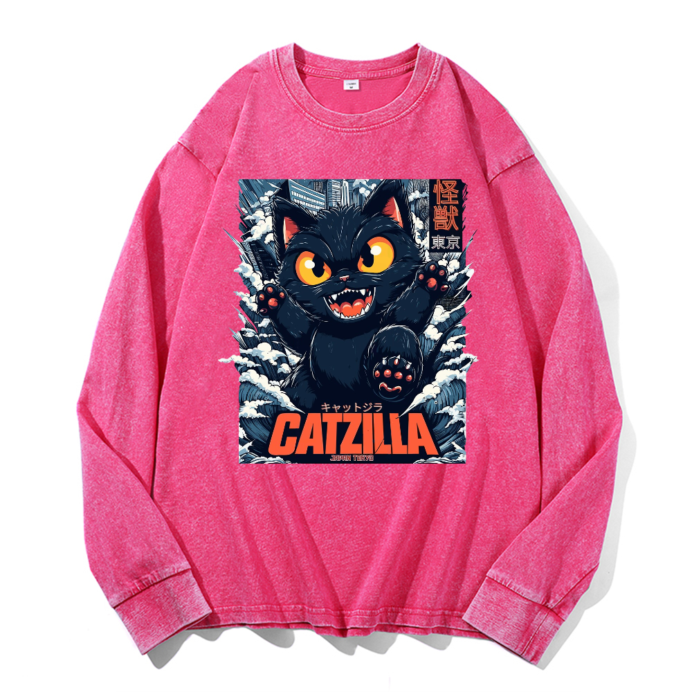 Catzilla Cat Godzilla Vintage Cotton Wash Crewneck Sweatshirt