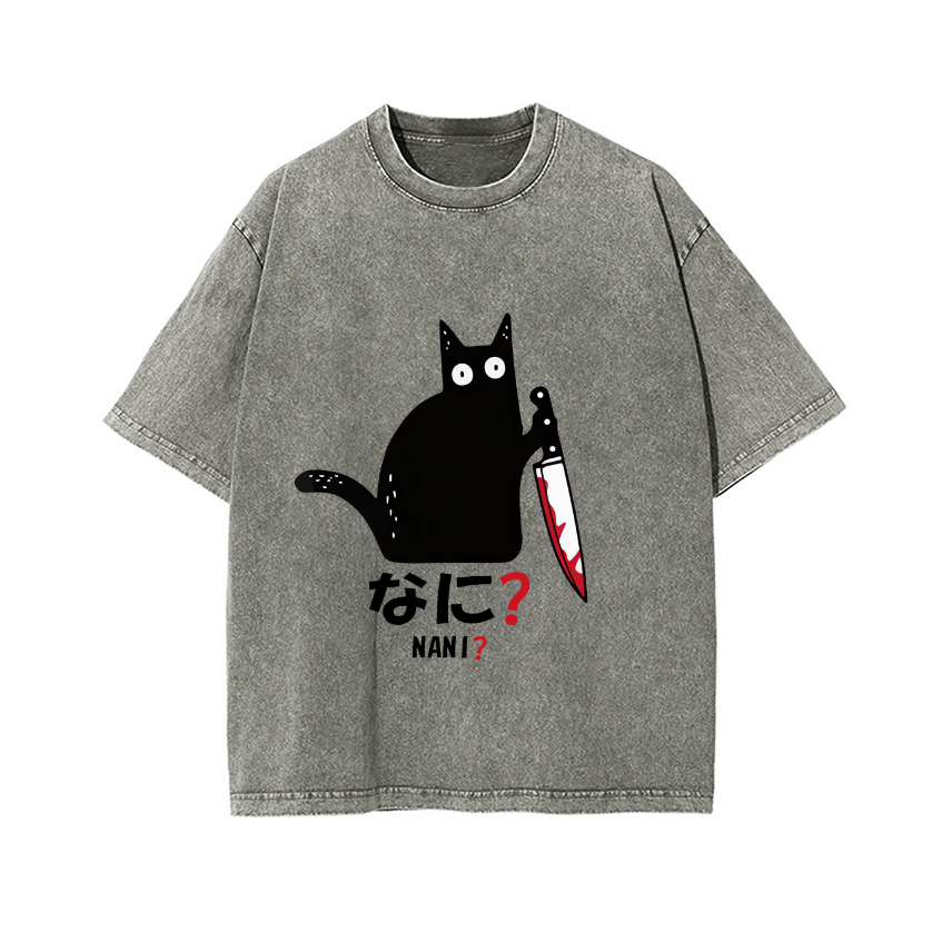 The Black Cat with a Knife Vintage Wash Japanese Design T-Shirt