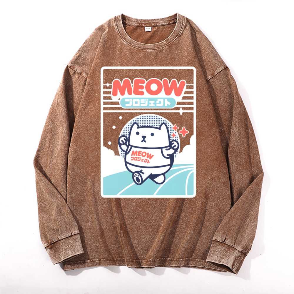 Meow Cat Vintage Cotton Wash Crewneck Sweatshirt