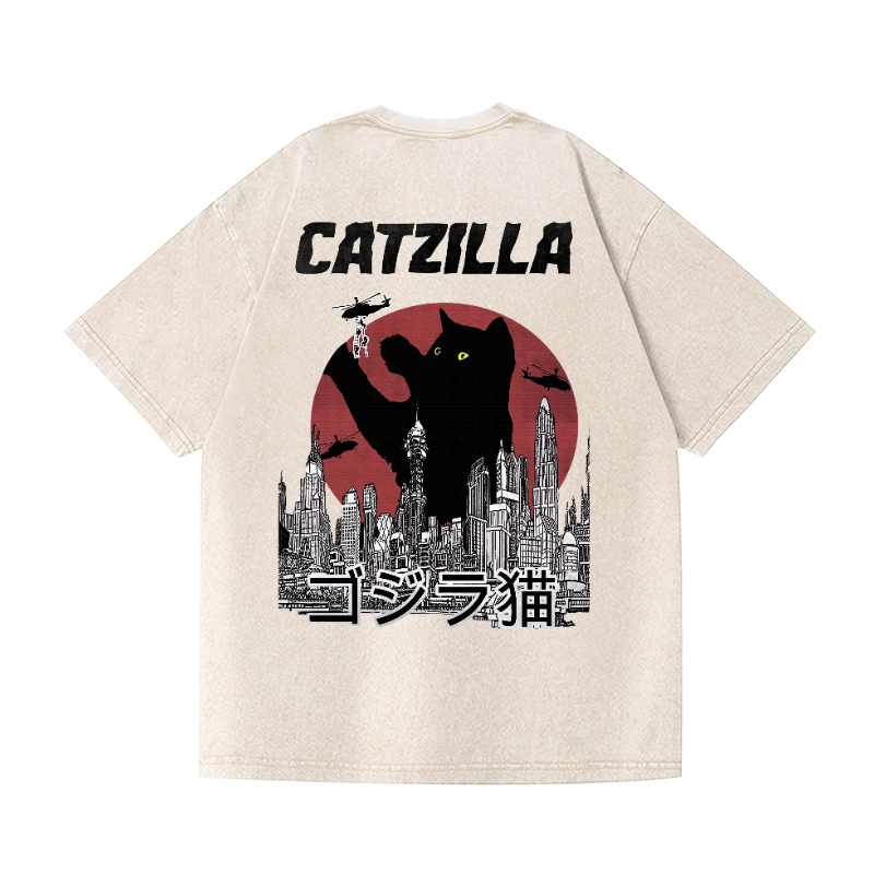 Cat Godzilla Catzilla Vintage Wash Japanese Design Back Art T-Shirt