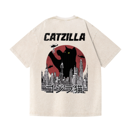Cat Godzilla Catzilla Vintage Wash Japanese Design Back Art T-Shirt