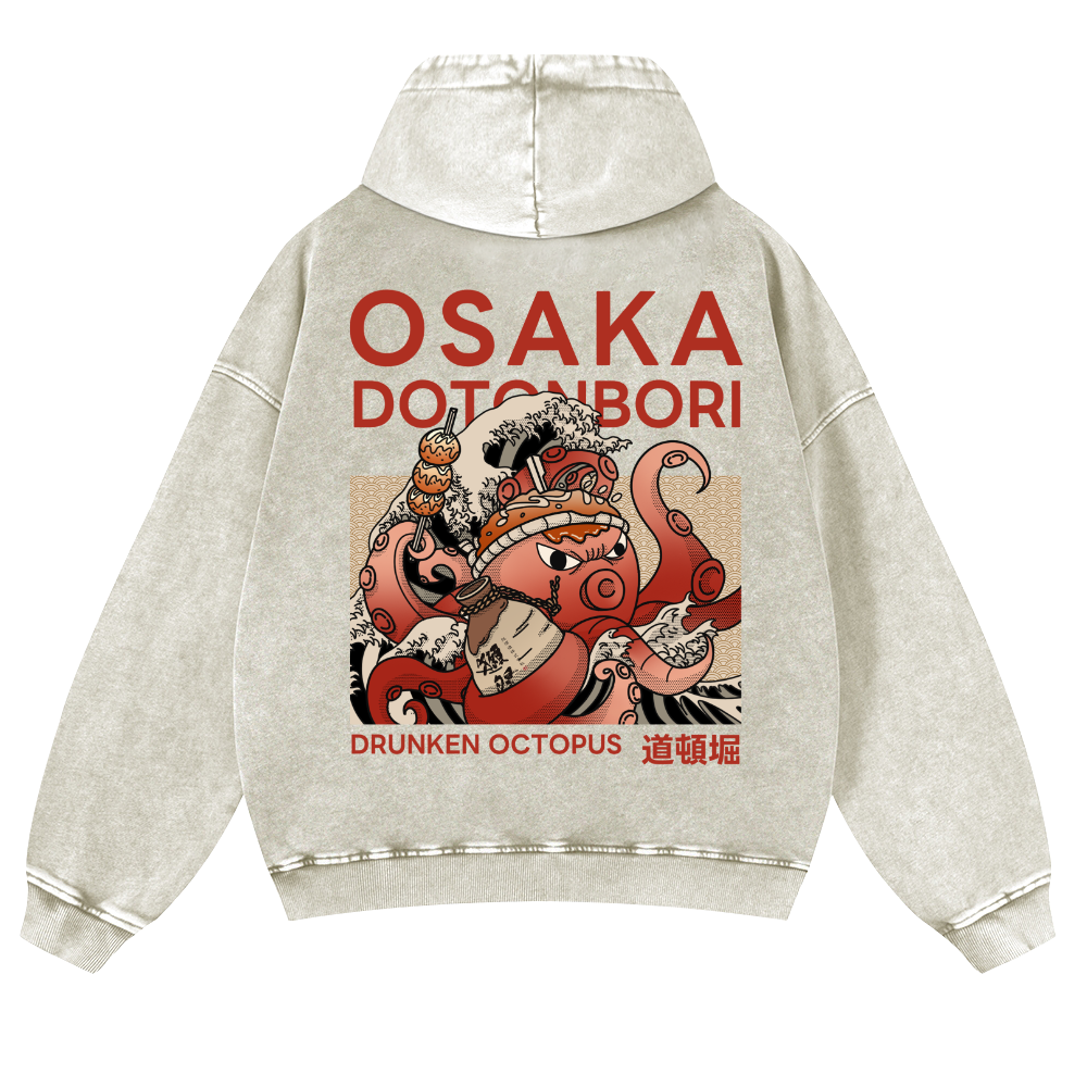 Osaka Dotonbori Drunken Octopus Vintage Washed Cotton Back Art Hoodie