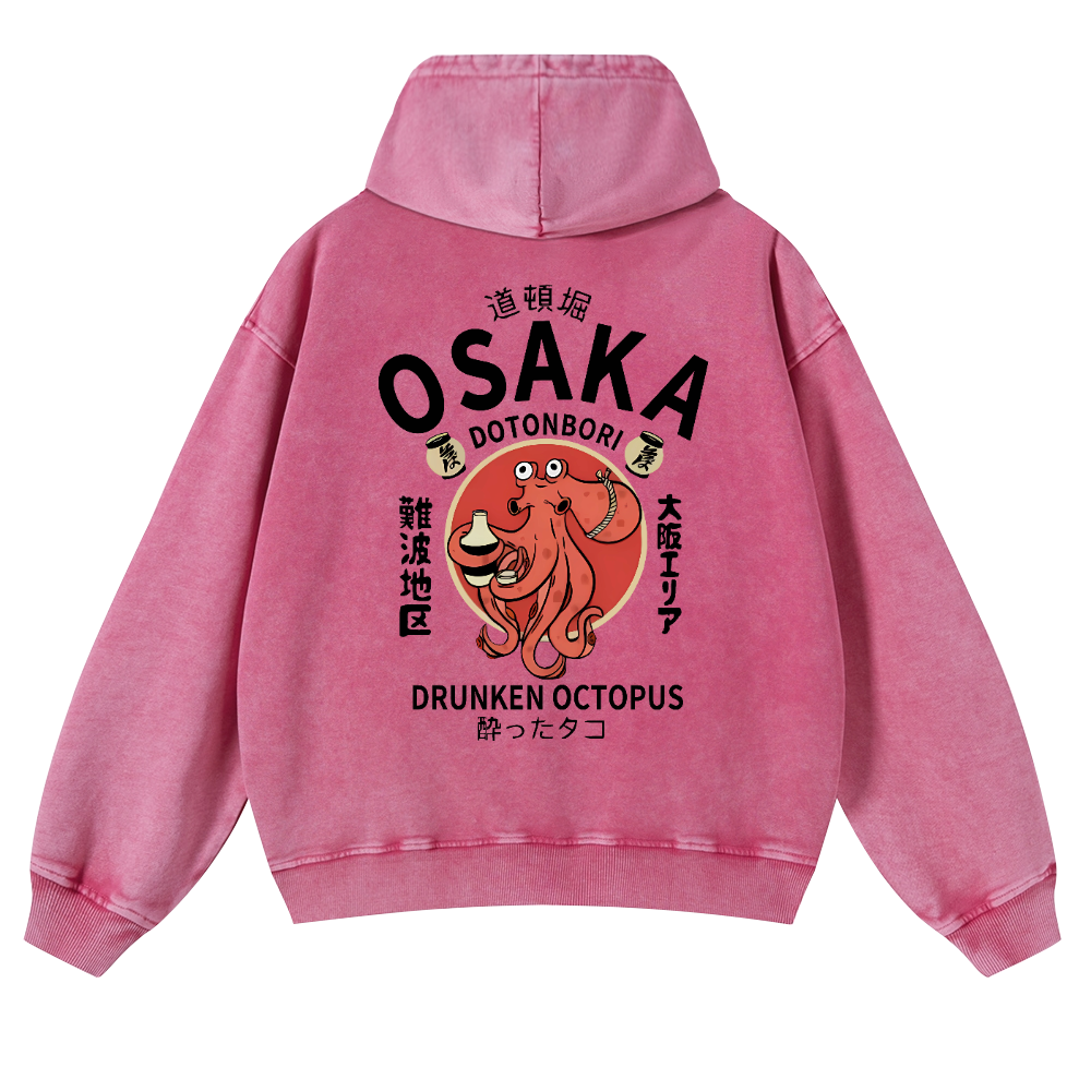 Osaka Dotonbori Drunken Octopus Vintage Washed Cotton Back Art Hoodie