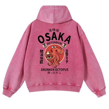 Osaka Dotonbori Drunken Octopus Vintage Washed Cotton Back Art Hoodie