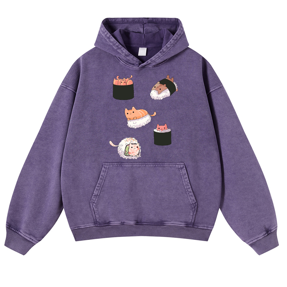 Sushi Cat Vintage Washed Thick Cotton Hoodie