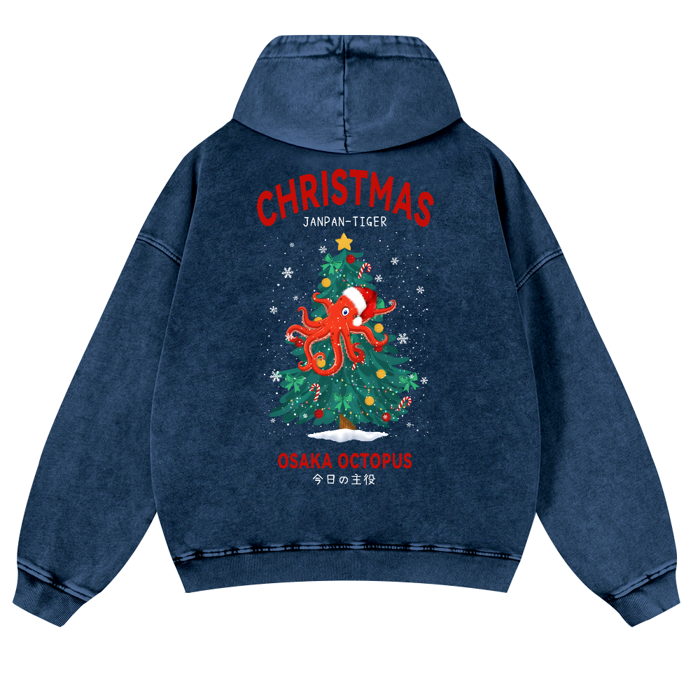 Christmas Osaka Octopus Vintage Washed Cotton Back Art Hoodie