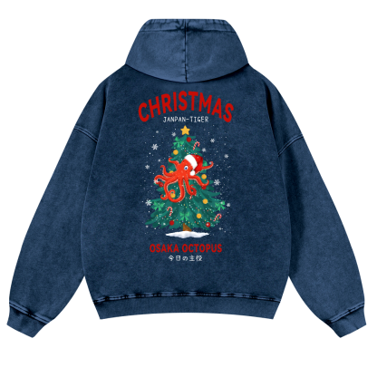 Christmas Osaka Octopus Vintage Washed Cotton Back Art Hoodie