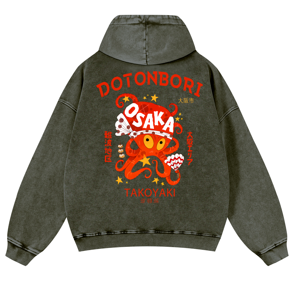 Osaka Dotonbori OctopusVintage Washed Cotton Back Art Hoodie