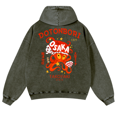 Osaka Dotonbori OctopusVintage Washed Cotton Back Art Hoodie