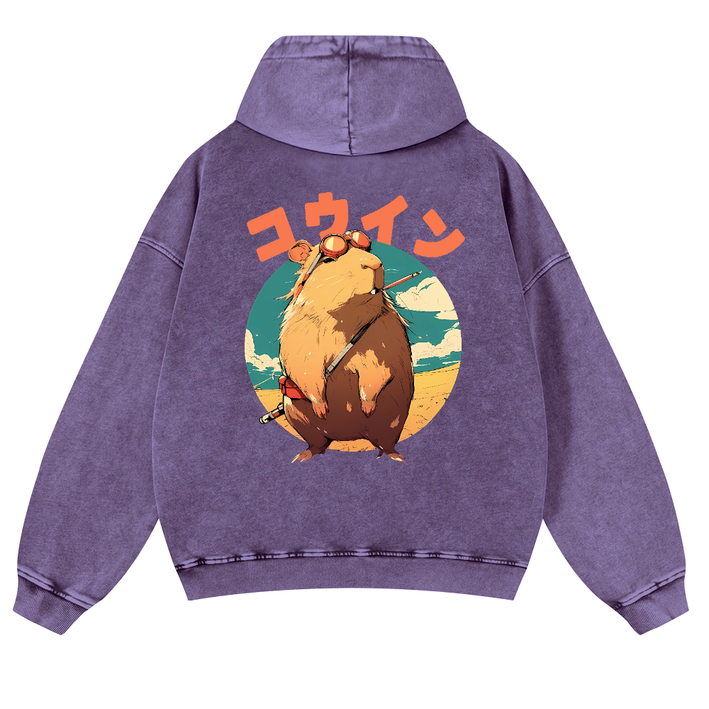 Capybara Vintage Washed Cotton Back Art Hoodie