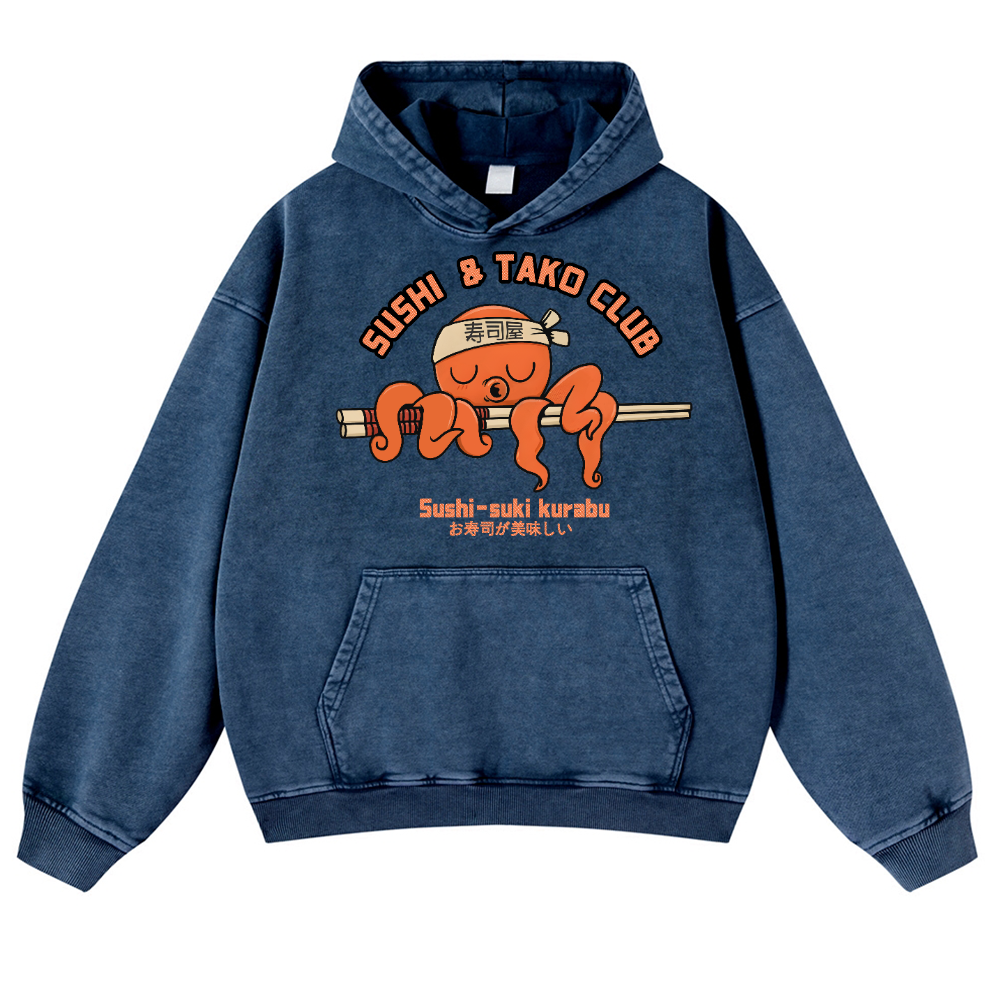 Sushi and Tako Octopus Vintage Washed Thick Cotton Hoodie