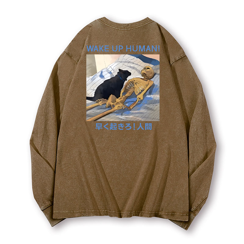 Wake Up Human Vintage Washed Cotton Back Art Long-sleeve T-shirt